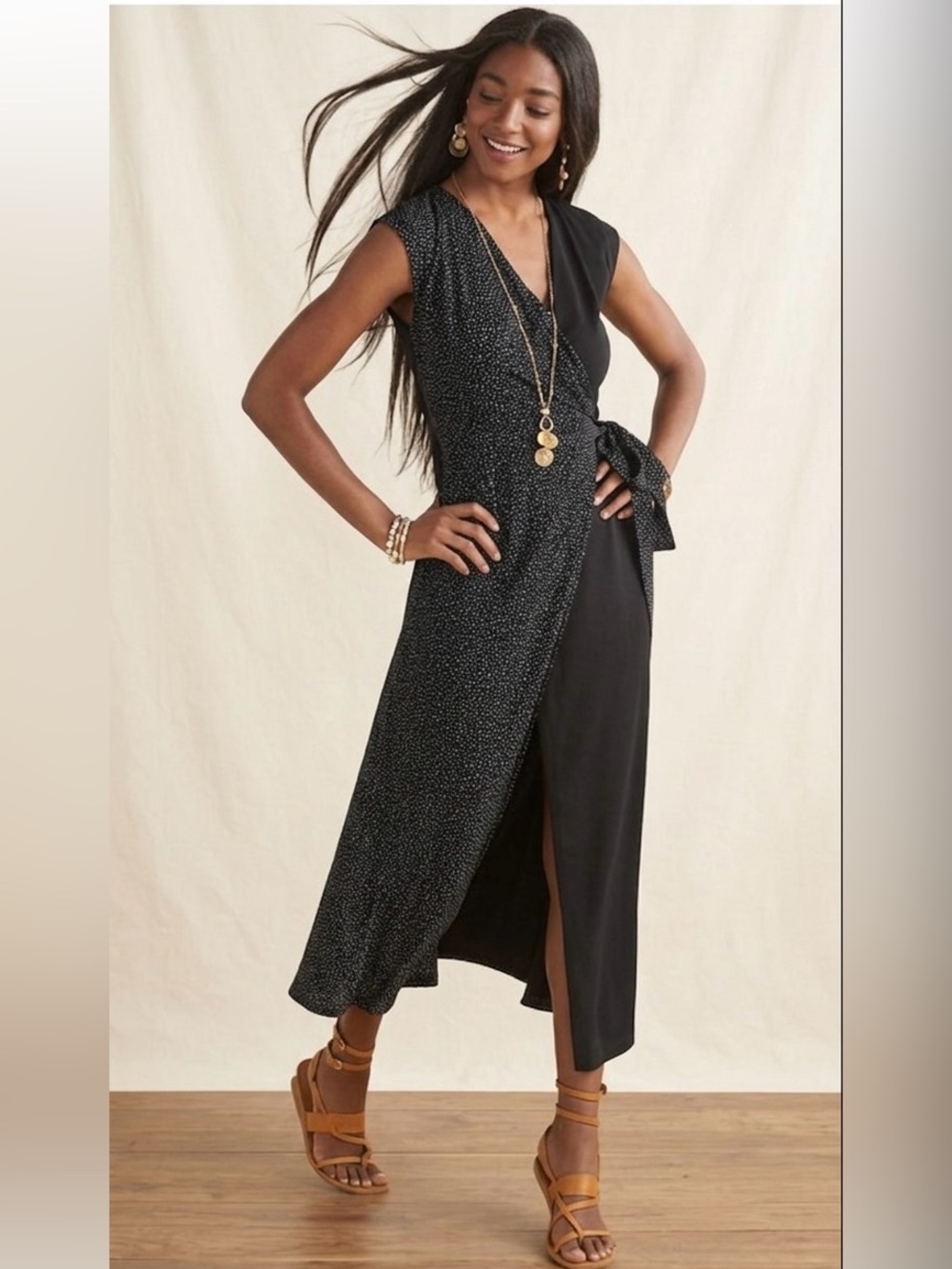 CAbi Night Sky Polka Dot Disco Wrap Maxi Dress S 5609